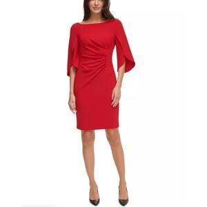 DKNY Open-Sleeve Ruched Sheath Dress Red Poly/Spandex Size 12 NWT Stretchy
